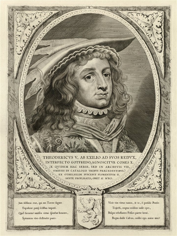 Portret van Dirk IV, graaf van Holland, met een hoofddeksel. De omlijsting is versierd met het wapen van Holland. NL-HlmNHA 1477 53012903