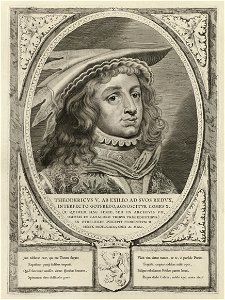 Portret van Dirk IV, graaf van Holland, met een hoofddeksel. De omlijsting is versierd met het wapen van Holland. NL-HlmNHA 1477 53012903