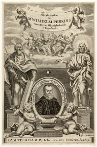 Portret van William Perkins in een ovaal cartouche dat wordt vastgehouden door twee putti. Rechts van het portret Christus en links Mozes. Bovenaan houden twee putti een banderol vast met de, NL-HlmNHA 1477 53009865