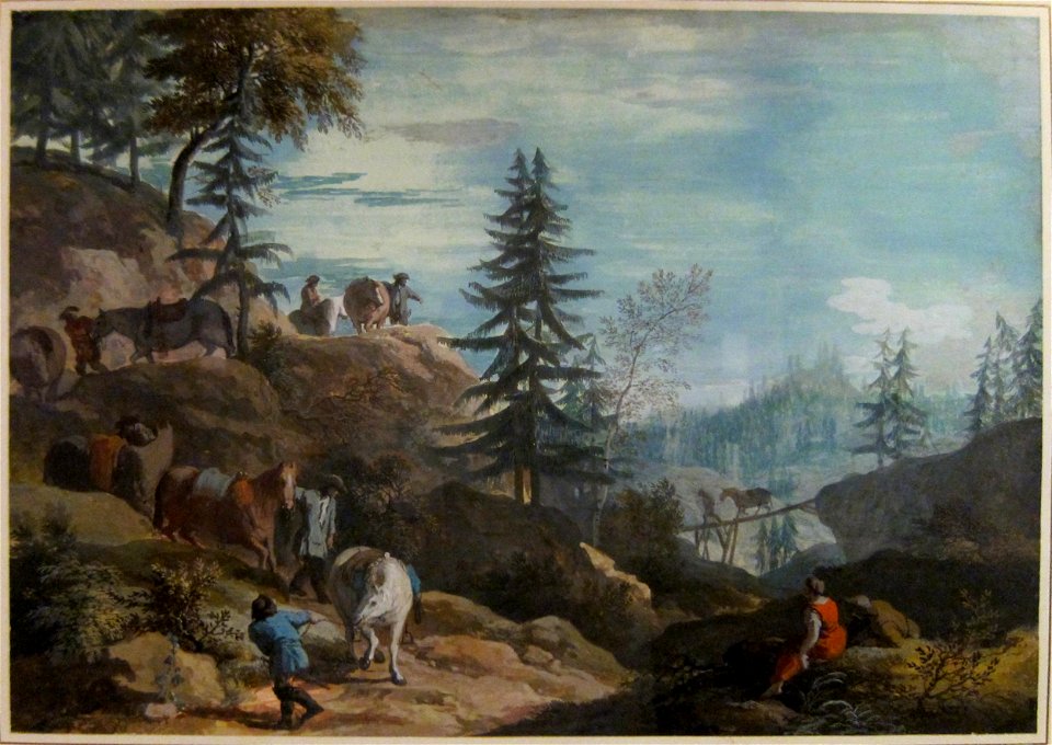 'Landscape with Peasants' by Marco Ricci, gouache on kidskin, 1720, HMA