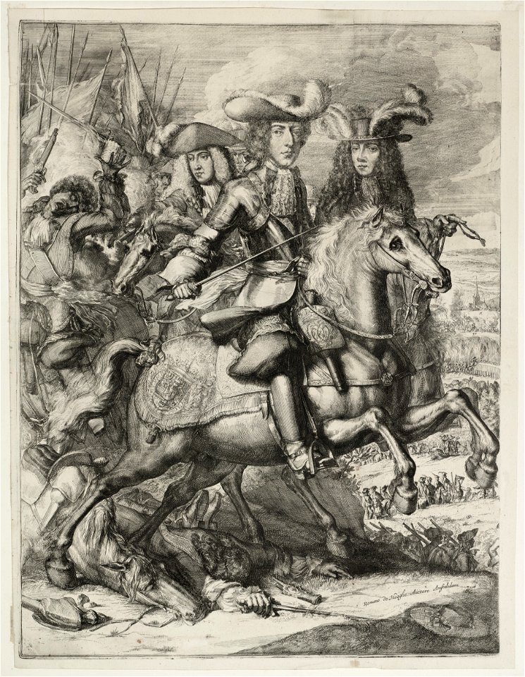 Prins Willem III naast de hertog van Monmouth te paard met andere leden van zijn staf. NL-HlmNHA 53009081