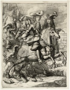 Prins Willem III naast de hertog van Monmouth te paard met andere leden van zijn staf. NL-HlmNHA 53009081
