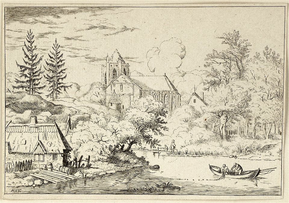 Rivierlandschap met uitzicht op een kerk. In een roeiboot halen twee personen een visnet binnen. Op de oever van de rivier, bij een huis, liggen enkele planken en vaten. NL-HlmNHA 1477 53007996 K