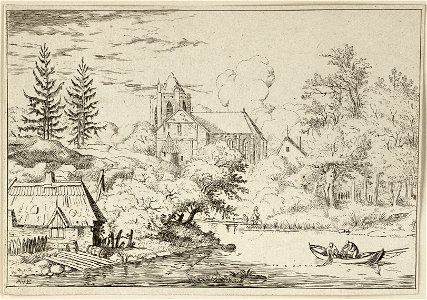 Rivierlandschap met uitzicht op een kerk. In een roeiboot halen twee personen een visnet binnen. Op de oever van de rivier, bij een huis, liggen enkele planken en vaten. NL-HlmNHA 1477 53007996 K