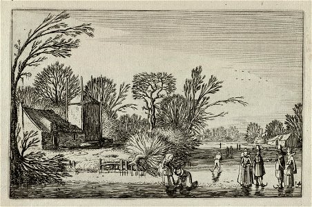 Schaatsers op het ijs bij een boerderij met een hooiberg. NL-HlmNHA 53012474