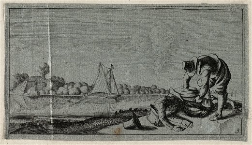 Rivierlandschap met een dode die beroofd wordt. NL-HlmNHA 53012372
