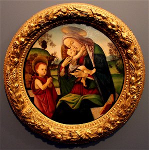 Sandro botticelli e bottega, madonna col bambino e san giovannino in un tondo, 1490-1500 ca. 01. Free illustration for personal and commercial use.