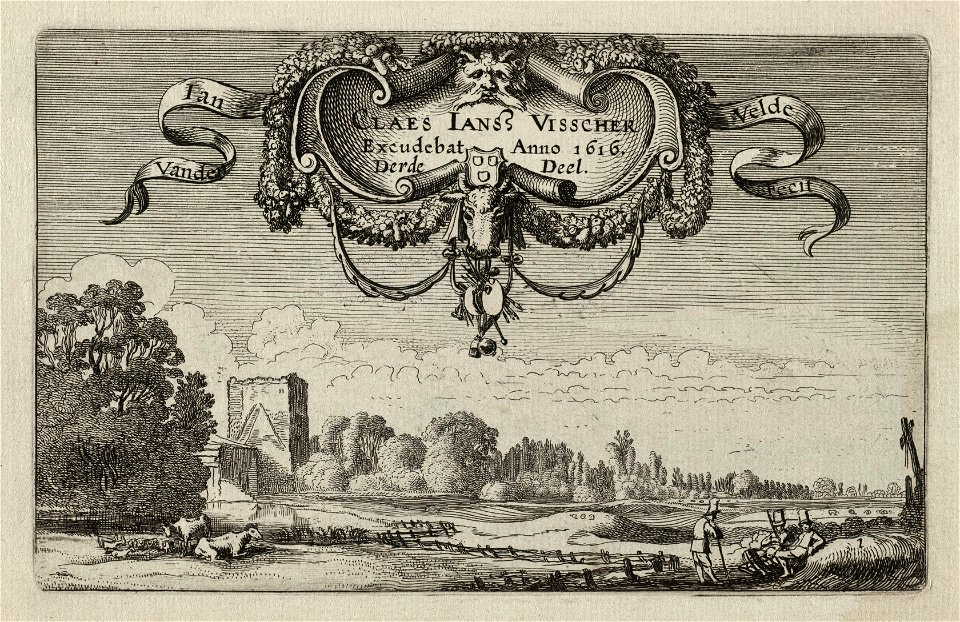 Rustende figuren in een landschap met koeien en een toren, NL-HlmNHA 53012434