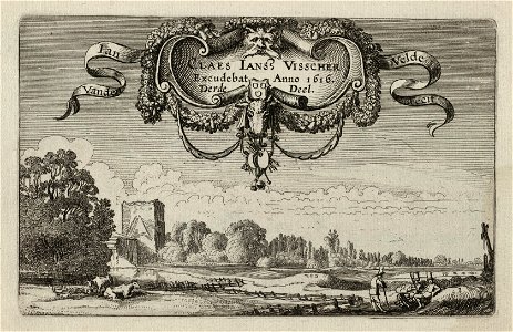 Rustende figuren in een landschap met koeien en een toren, NL-HlmNHA 53012434