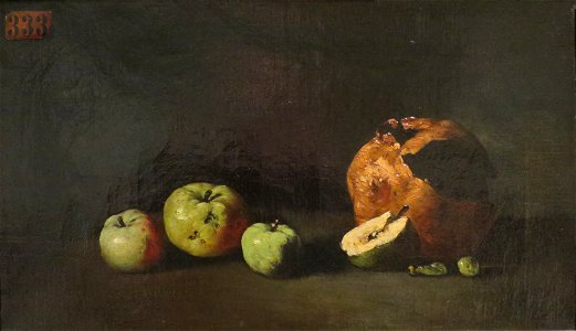 'Still Life with Apples and a Pomegranate' by Théodule-Augustin Ribot. Free illustration for personal and commercial use.