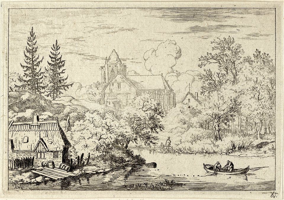 Rivierlandschap met uitzicht op een kerk. In een roeiboot halen twee personen een visnet binnen. Op de oever van de rivier, bij een huis, liggen enkele planken en vaten. NL-HlmNHA 1477 53007995 K