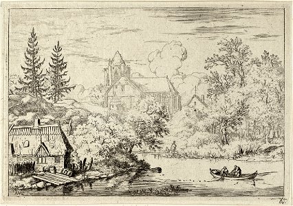 Rivierlandschap met uitzicht op een kerk. In een roeiboot halen twee personen een visnet binnen. Op de oever van de rivier, bij een huis, liggen enkele planken en vaten. NL-HlmNHA 1477 53007995 K