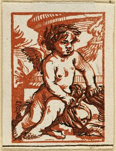 Rustende Cupido met lauwerkrans op het hoofd bij een monument. NL-HlmNHA 1477 53010298