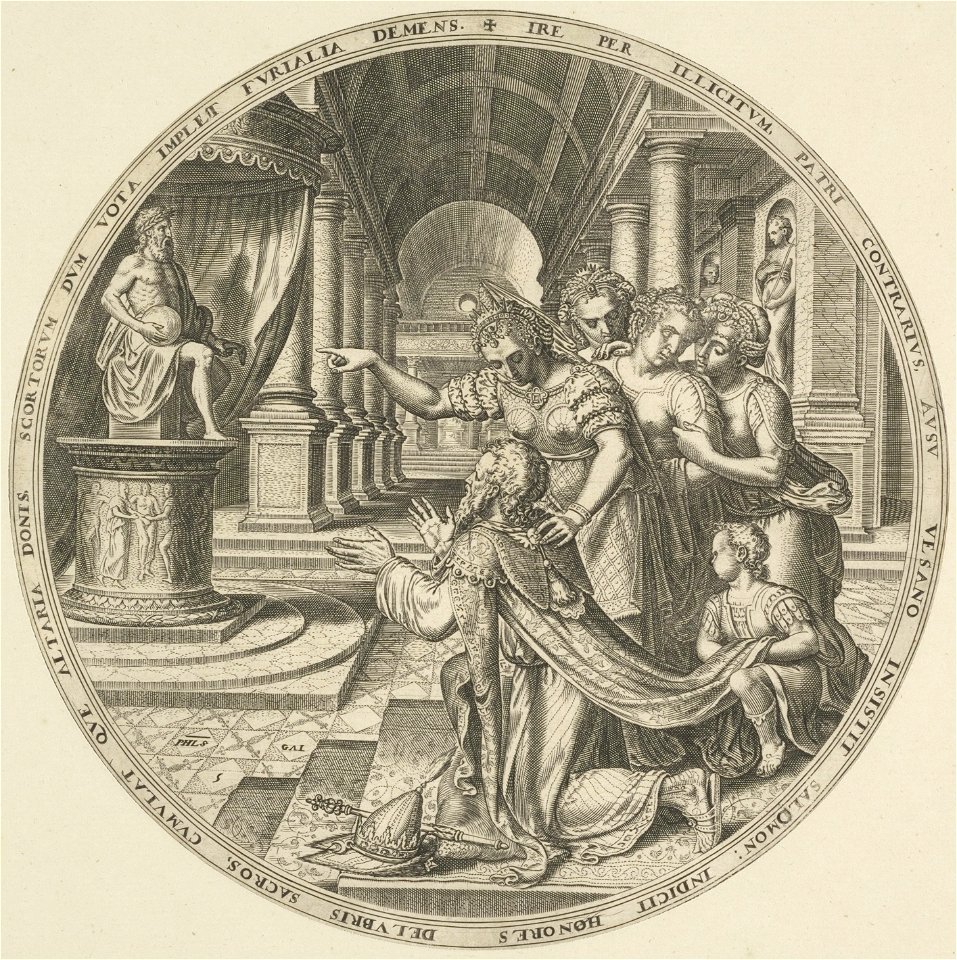 Salomo vereerd, misleid door zijn geliefde, een beeld van een afgod. In een paleis knielt hij neer voor het beeld van een heidense godheid 1 Kon. 118. NL-HlmNHA 53008042