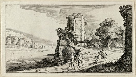 Ronde toren aan een rivier met twee converserende heren en een galopperende ruiter op een pad, NL-HlmNHA 53012522