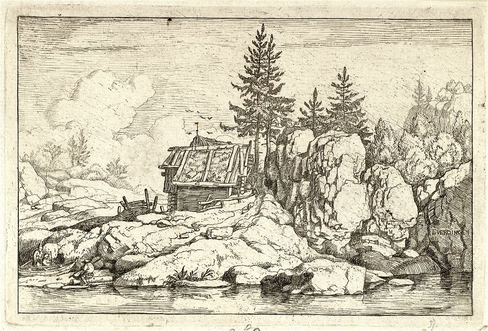 Rotslandschap met vier sparren naast een houten hut met rieten dak. Op de oever op de voorgrond vier personen en een roeiboot. NL-HlmNHA 1477 53007968 K