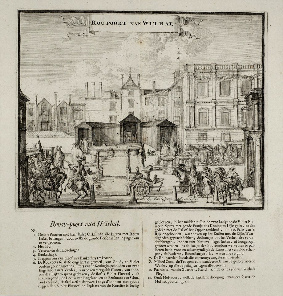 Rouwpoort opgesteld buiten het paleis te Whitehall, 1695, NL-HlmNHA 53008722