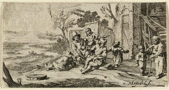 Rustende boeren voor een boerderij.br Derde prent uit een serie van vier prenten met genre voorstellingen. NL-HlmNHA 1477 53011627