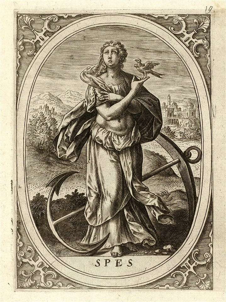 Spes, de hoop een vrouw staand in een ovaal, in een landschap. Achter haar het anker. In de hoeken rolwerk ornamenten. Prent uit een ongenummerde serie van zeven prenten met de personificat, NL-HlmNHA 1477 53008349