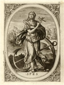 Spes, de hoop een vrouw staand in een ovaal, in een landschap. Achter haar het anker. In de hoeken rolwerk ornamenten. Prent uit een ongenummerde serie van zeven prenten met de personificat, NL-HlmNHA 1477 53008349