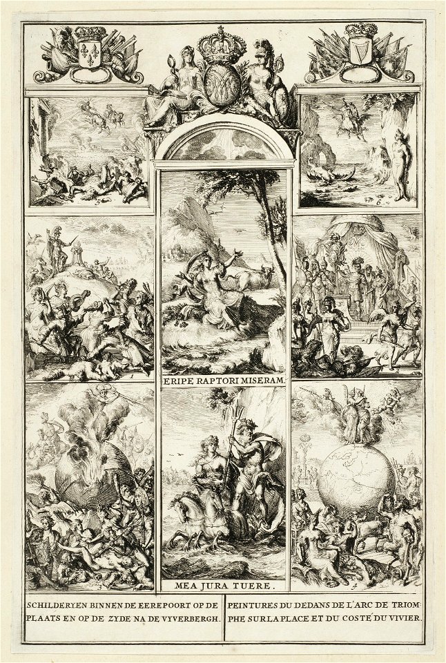 Schilderijen op de triomfoog op de Plaats, opgericht door het stadsbestuur voor de intocht van stadhouder-koning Willem III te Den Haag, 5 februari 1691. Acht allegorische en mythologische v, NL-HlmNHA 53009150