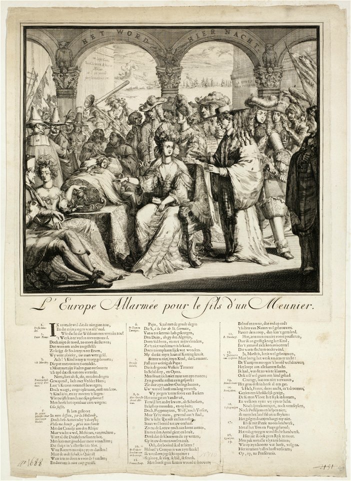 Spotprent op het mislukte plan met Jacobus Frans Eduard, prins van Wales, het ondergeschoven kind, 1689. Links op een bed ligt het ondergeschoven kind, het kind van de molenaar. Linksvoor zi, NL-HlmNHA 53009128