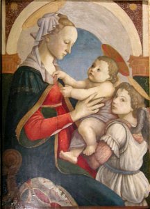 Sandro botticelli, madonna col bambino e un angelo ispirato alla lippina, 1465-66. Free illustration for personal and commercial use.