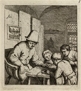 Schoolmeester met drie leerlingen bij tafel. NL-HlmNHA 1477 53010961