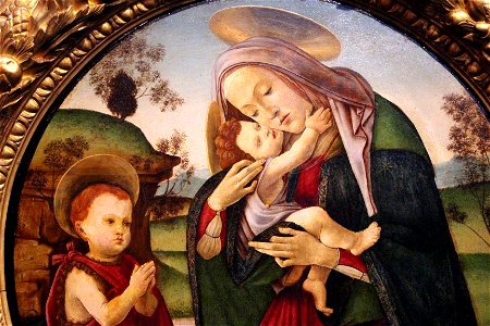Sandro botticelli e bottega, madonna col bambino e san giovannino in un tondo, 1490-1500 ca. 02. Free illustration for personal and commercial use.