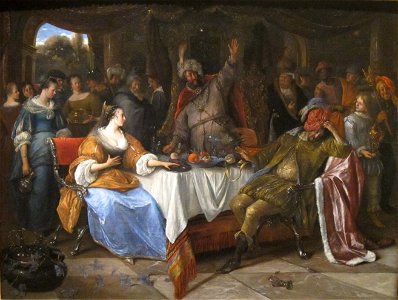 'Esther, Ahasuerus, and Haman', oil on canvas painting by Jan Steen, c. 1668. Free illustration for personal and commercial use.