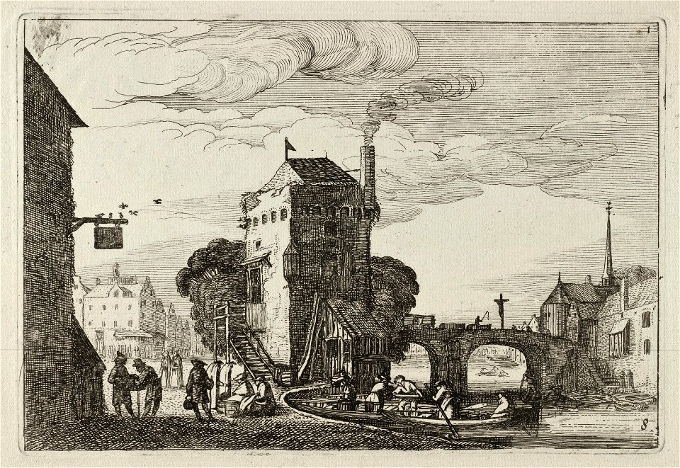 Stadsgezicht met een brug over een rivier. NL-HlmNHA 53012416