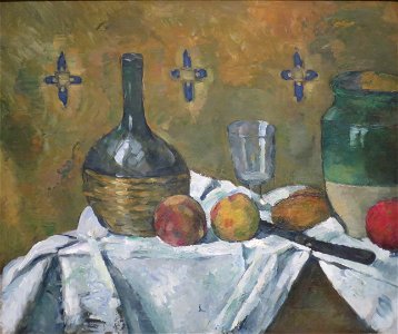 Still Life- Flask, Glass and Jug by Paul Cézanne, c. 1877. Free illustration for personal and commercial use.