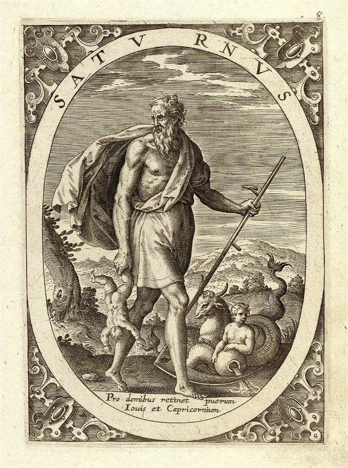 Saturnus, staand in een ovaal. In zijn linkerhand een zeis, in zijn rechter hand houd hij een kind ondersteboven vast aan het been. Op de achtergrond de tekens van Saturnus uit de dierenriem, NL-HlmNHA 1477 53008338