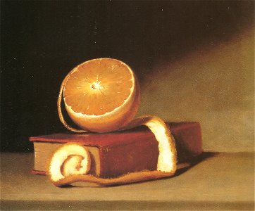Still life with orange and book-raphaelle peale. Free illustration for personal and commercial use.