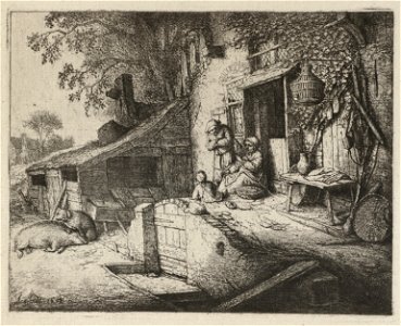Spinnende vrouw voor een huis. NL-HlmNHA 1477 53010978