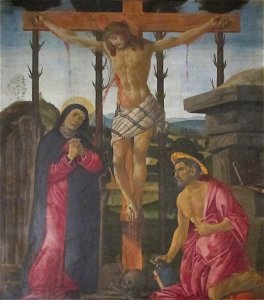 Scuola di botticelli, crocifissione con la madonna e san girolamo