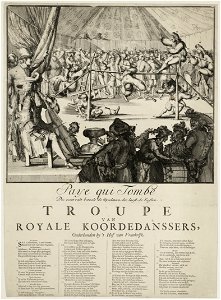 Spotprent op Jacobus II en Lodewijk XIV als koorddansers, 1689. NL-HlmNHA 53009122
