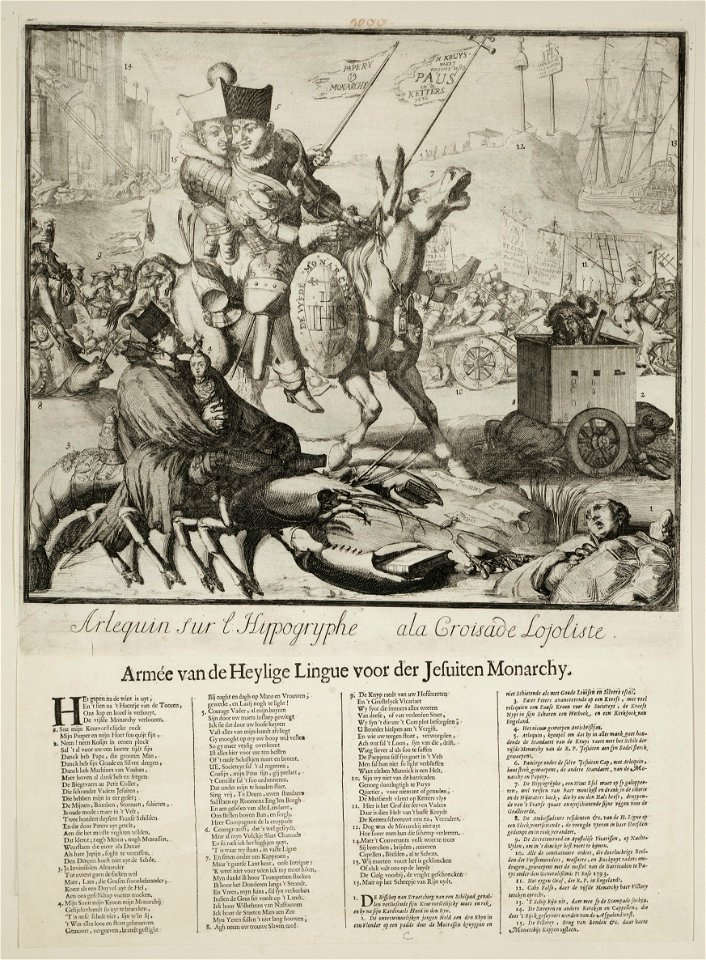 Spotprent op de gezamenlijke strijd van de Heilige Liga van Lodewijk XIV en Jacobus II, 1689. NL-HlmNHA 53009127