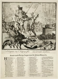 Spotprent op de gezamenlijke strijd van de Heilige Liga van Lodewijk XIV en Jacobus II, 1689. NL-HlmNHA 53009127