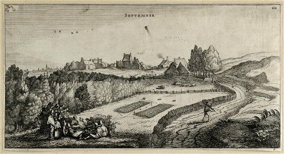 September (September). Een landschap met vogelvangers die achter een bossage hun netten in de gaten houden, voorstellende de maand september. Op de achtergrond een dorp en links een man met , NL-HlmNHA 53012354