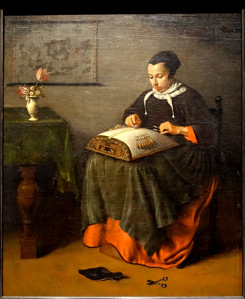 The lacemaker, Pieter Cornelisz van Slingelandt, 2nd half of 1600s, oil on wood - Villa Vauban - Luxembourg City - DSC06621
