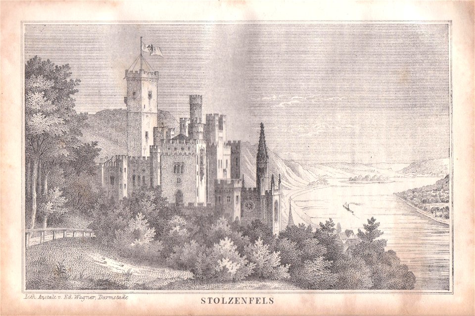 Stahlstich Stolzenfels aus Baedeker Bords du Rhein 1864