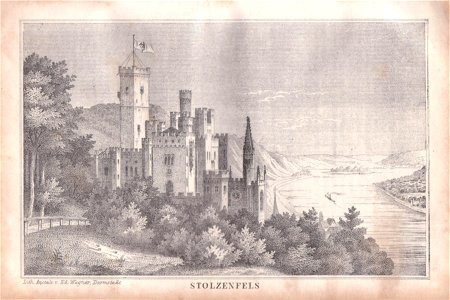 Stahlstich Stolzenfels aus Baedeker Bords du Rhein 1864
