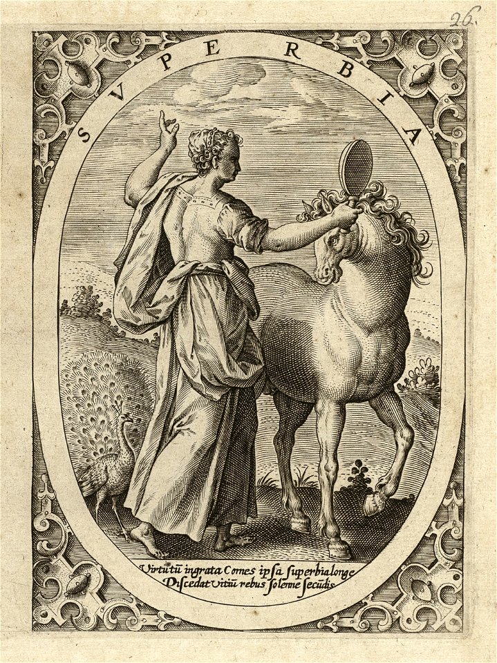 Superbia, hoogmoed - hovaardigheid - ijdelheid een vrouw met een spiegel in de hand, staand in een ovaal, in een landschap. Naast haar een pauw en een paard. In de hoeken rolwerk ornamenten, NL-HlmNHA 1477 53008356