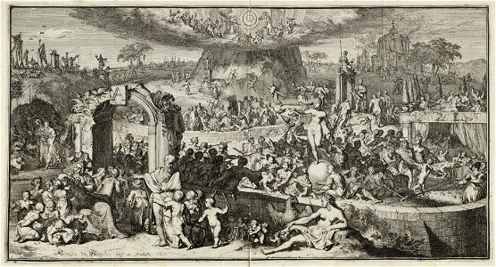 Tabula Cebetis. Allegorische voorstelling van de levensweg als de passage door concentrische ringen naar de tempel van geluk op een berg in het midden. Gedetailleerde voorstelling met talloz, NL-HlmNHA 53008808