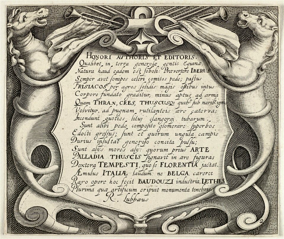 Tekst in het Latijn in cartouche, gedecoreerd met twee paarden en blaasinstrumenten. NL-HlmNHA 1477 53011494
