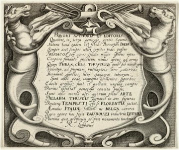 Tekst in het Latijn in cartouche, gedecoreerd met twee paarden en blaasinstrumenten. NL-HlmNHA 1477 53011494