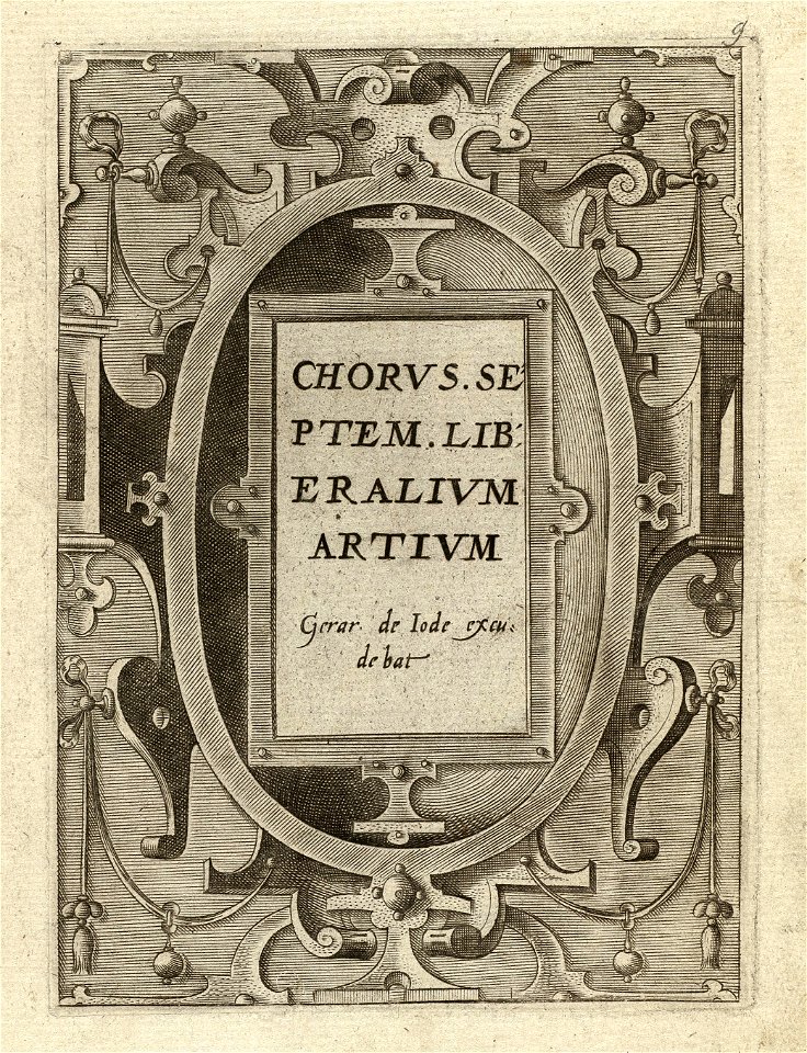 Titelblad met rolwerkcartouche van de zevendelige, ongenummerde prentenserie met de personificaties van de zeven vrije kunsten en hun attributen. NL-HlmNHA 1477 53008339