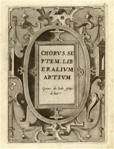 Titelblad met rolwerkcartouche van de zevendelige, ongenummerde prentenserie met de personificaties van de zeven vrije kunsten en hun attributen. NL-HlmNHA 1477 53008339