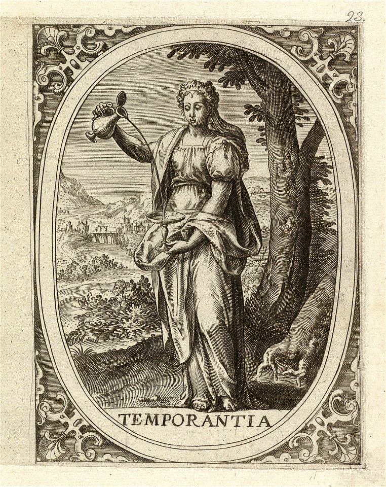 Temperantia, gematigdheid - matigheid - zelfbeheersing een vrouw staand in een ovaal, in een landschap. Zij schenkt een glas wijn in. In de hoeken rolwerk ornamenten. Prent uit een ongenumm, NL-HlmNHA 1477 53008353